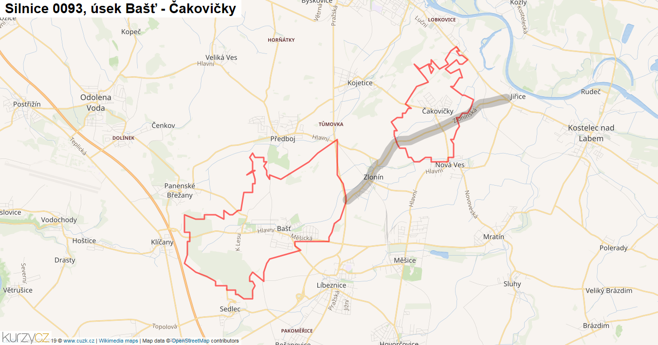 Úsek Bašť - Čakovičky, Silnice 0093 - Mapa