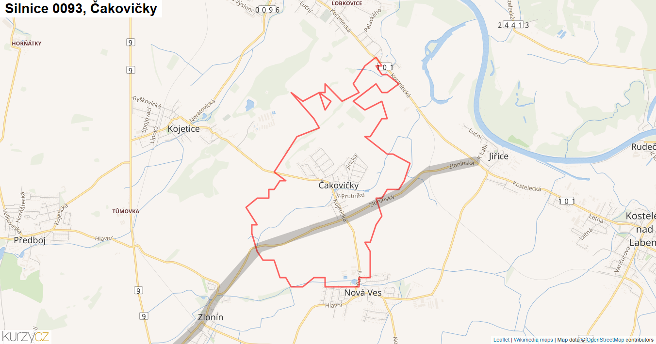 Čakovičky, Silnice 0093 - Mapa