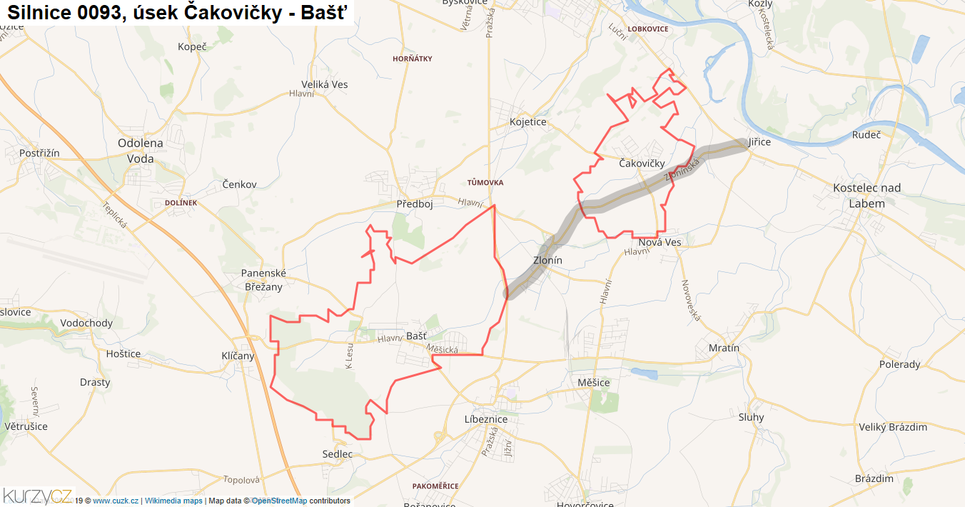 Úsek Čakovičky - Bašť, Silnice 0093 - Mapa