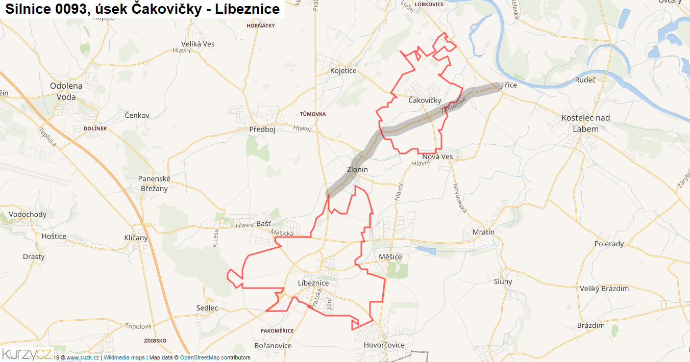 Úsek Čakovičky - Líbeznice, Silnice 0093 - Mapa