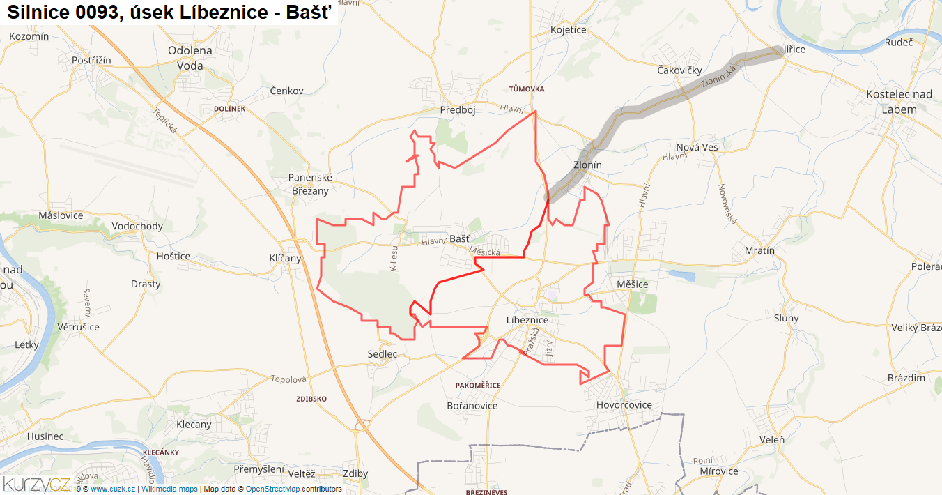 Úsek Líbeznice - Bašť, Silnice 0093 - Mapa