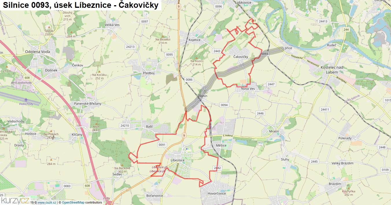 Úsek Líbeznice - Čakovičky, Silnice 0093 - Mapa