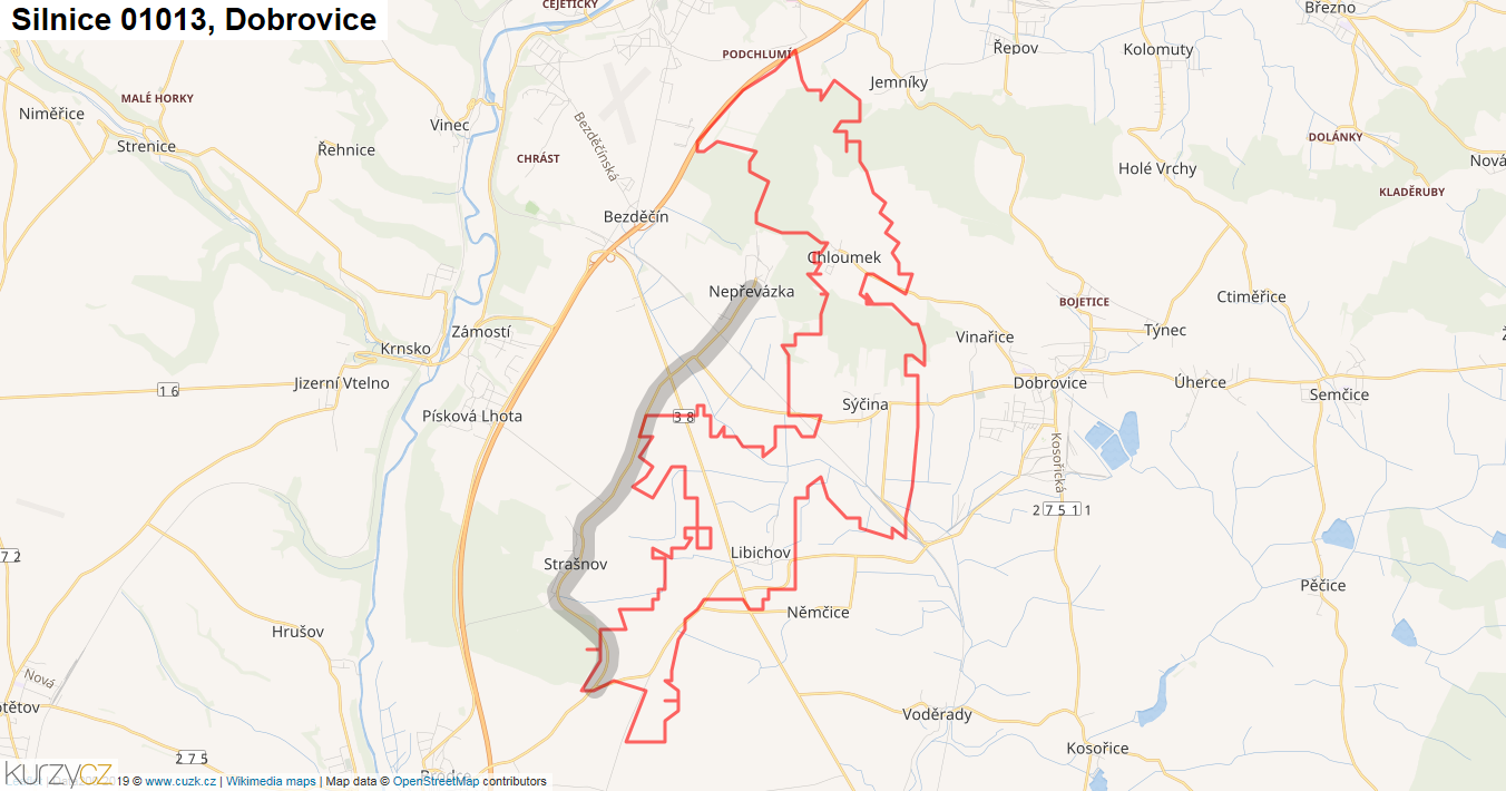 Dobrovice, Silnice 01013 - Mapa