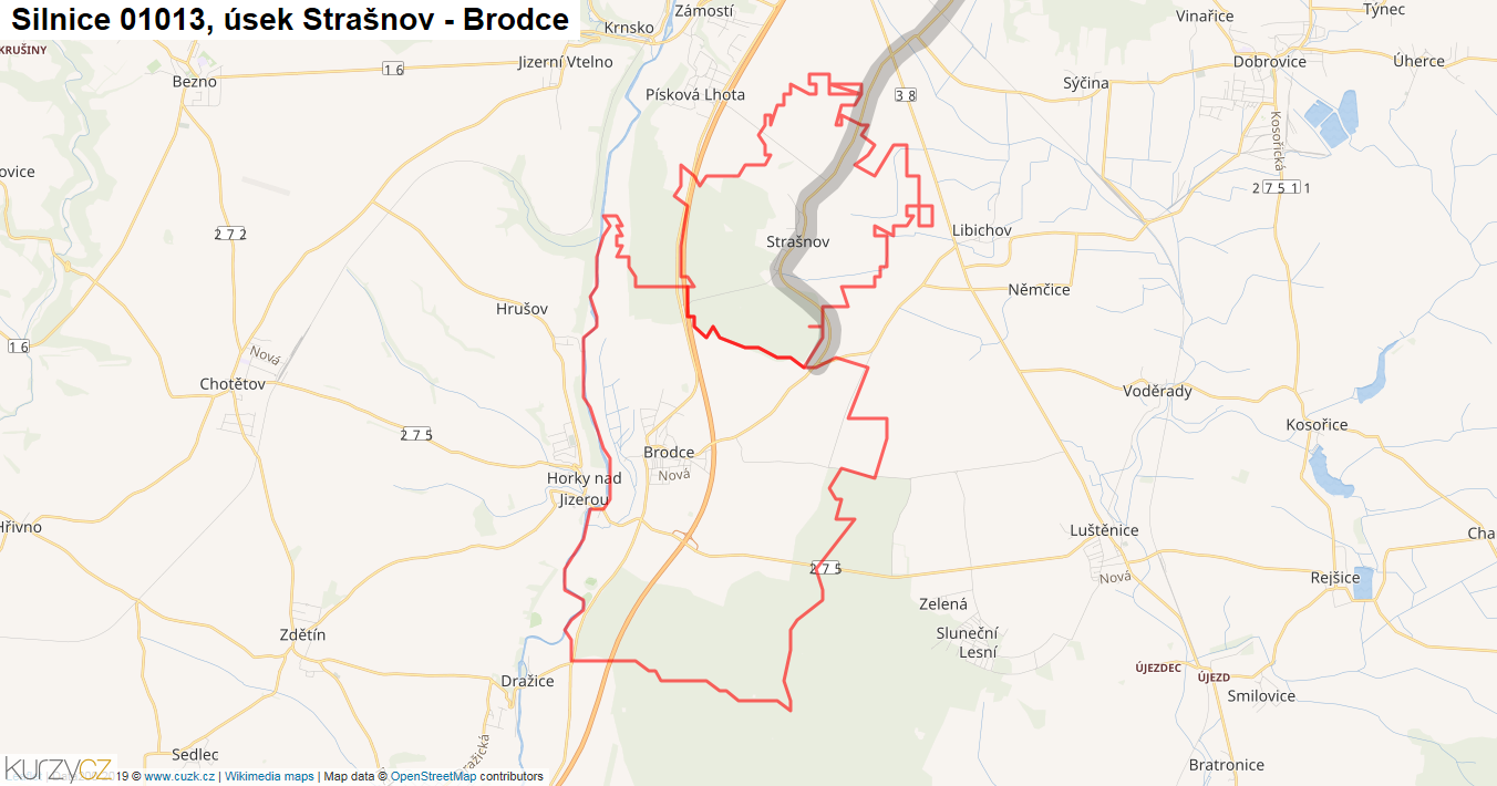 Úsek Strašnov - Brodce, Silnice 01013 - Mapa