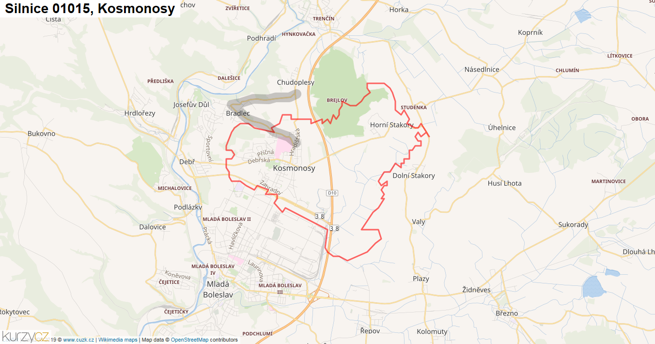 Kosmonosy, Silnice 01015 - Mapa
