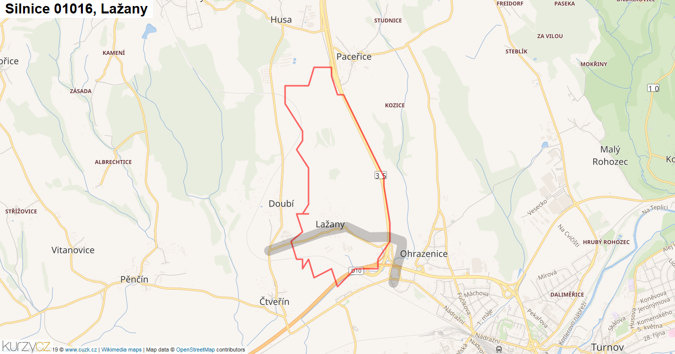 Lažany, Silnice 01016 - Mapa