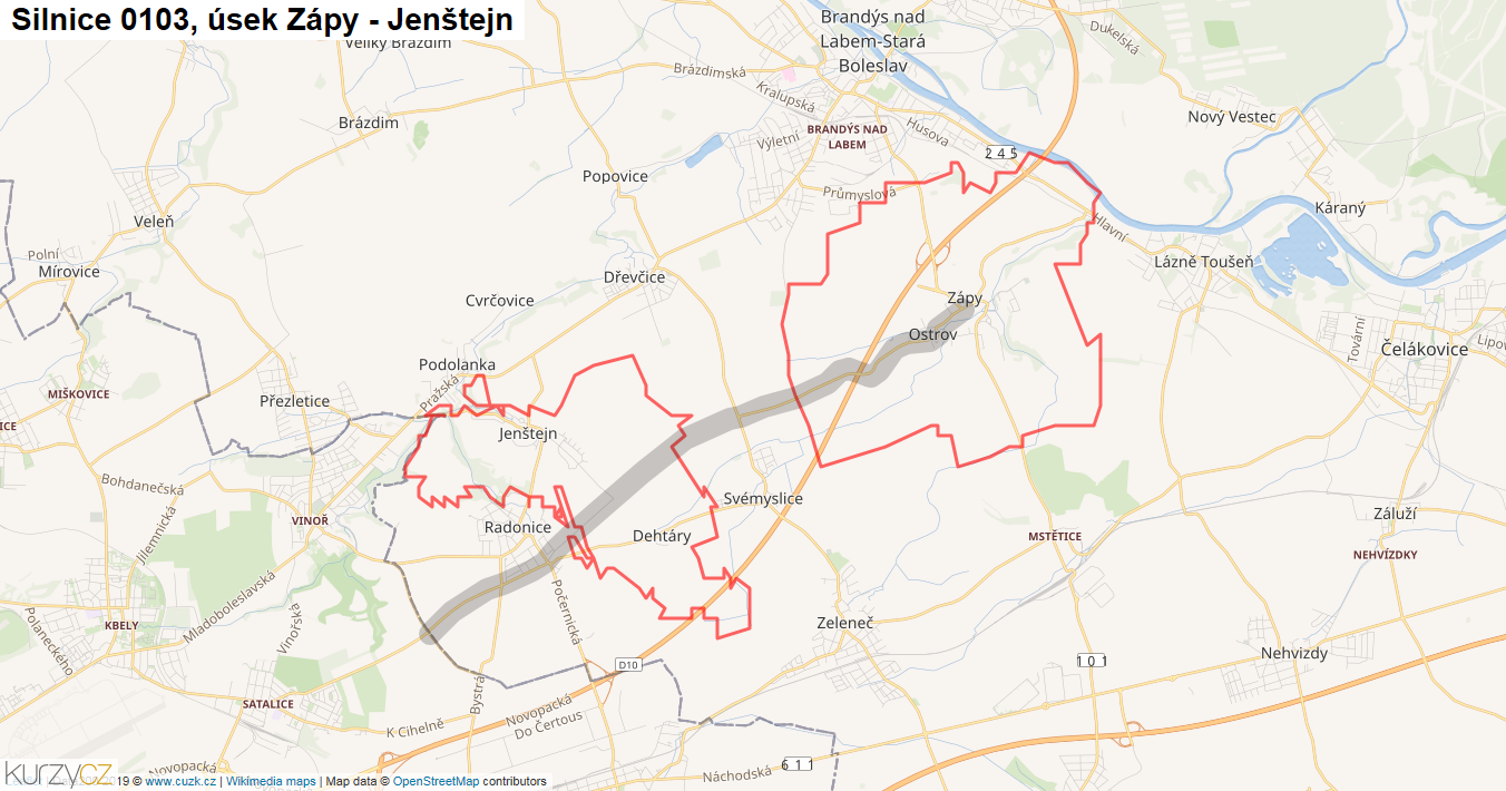Úsek Zápy - Jenštejn, Silnice 0103 - Mapa