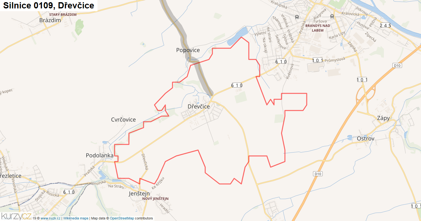 Dřevčice, Silnice 0109 - Mapa