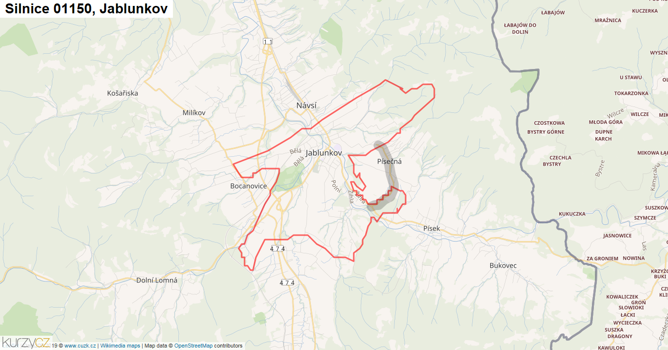 Jablunkov, Silnice 01150 - Mapa