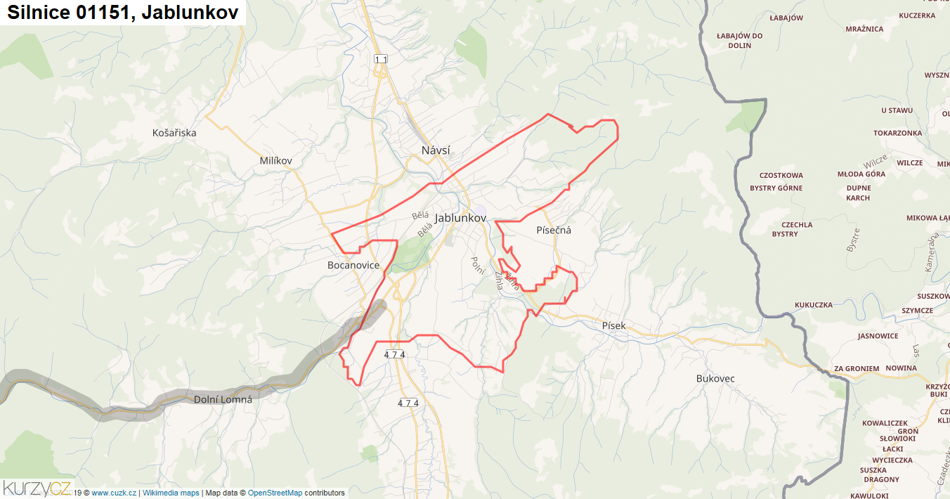 Jablunkov, Silnice 01151 - Mapa