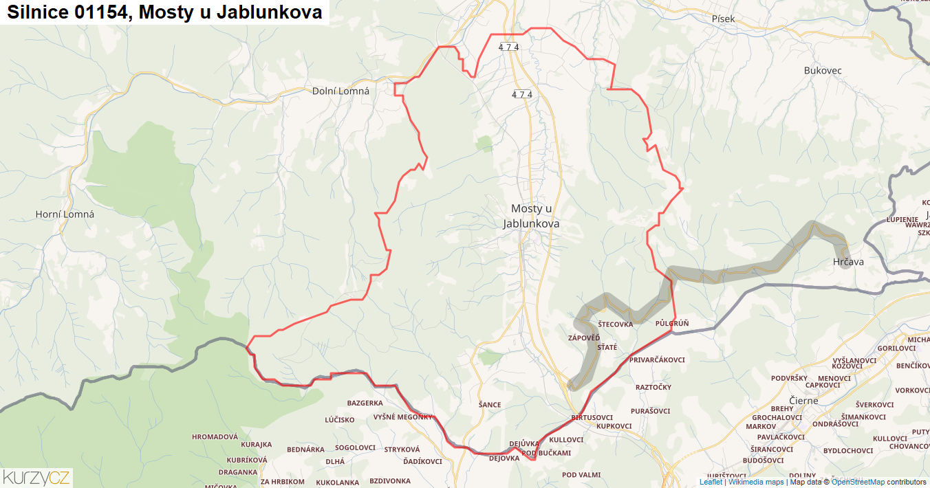 Mosty u Jablunkova, Silnice 01154 - Mapa