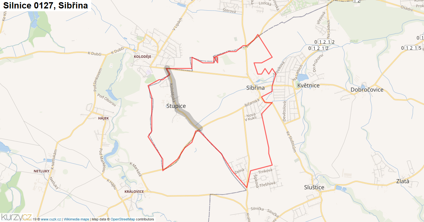 Sibřina, Silnice 0127 - Mapa