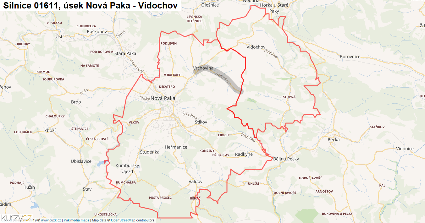 Úsek Nová Paka - Vidochov, Silnice 01611 - Mapa