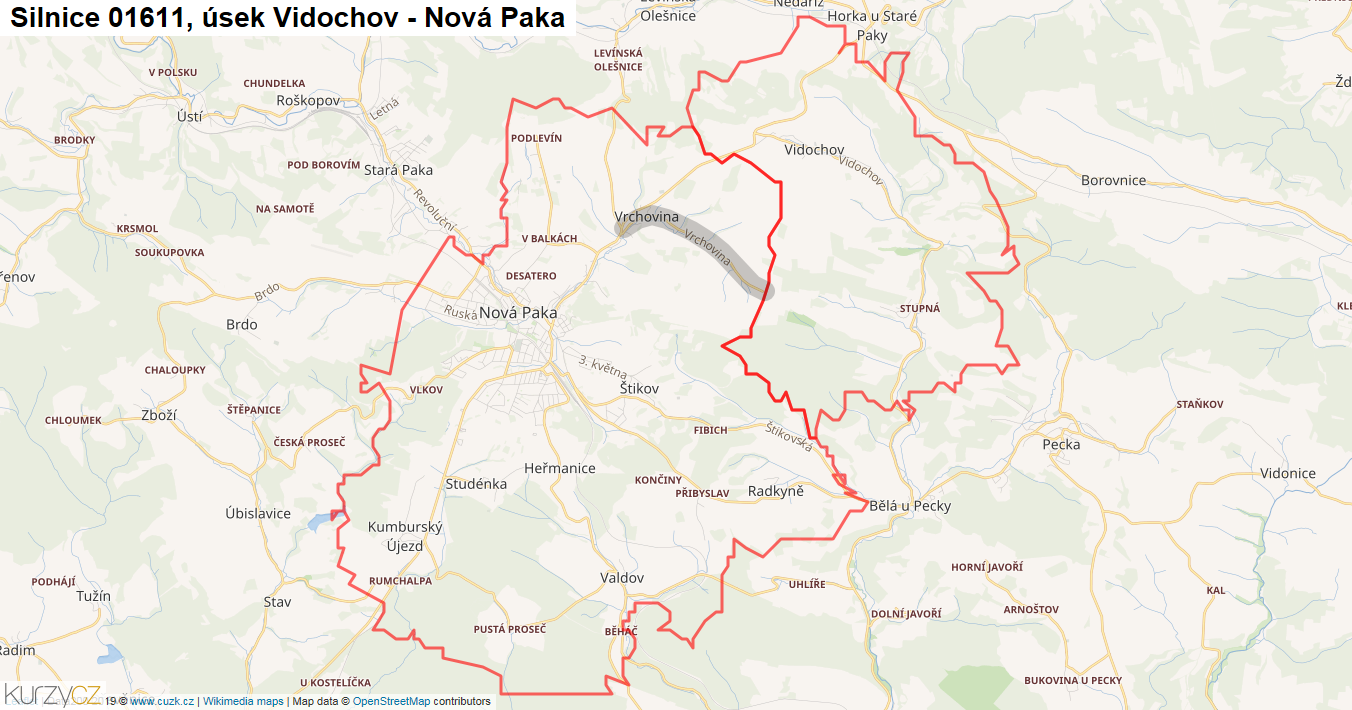 Úsek Vidochov - Nová Paka, Silnice 01611 - Mapa
