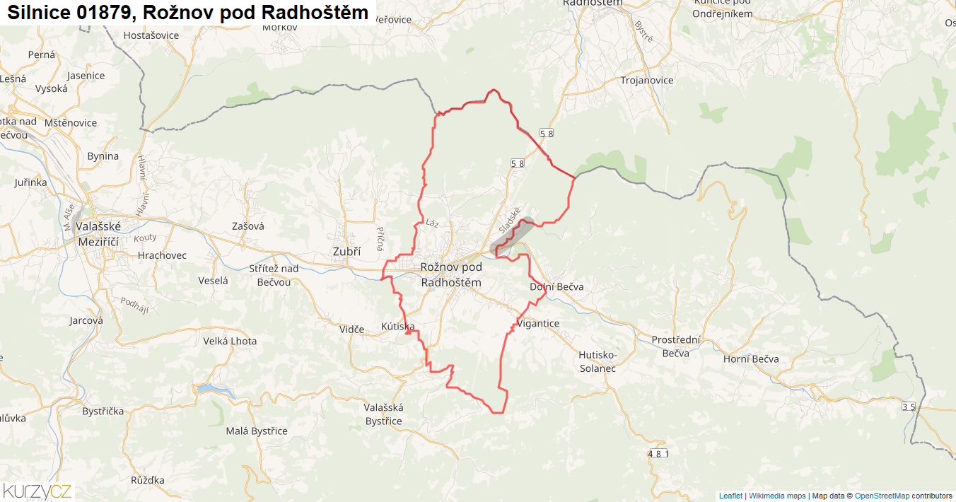 Rožnov pod Radhoštěm, Silnice 01879 - Mapa