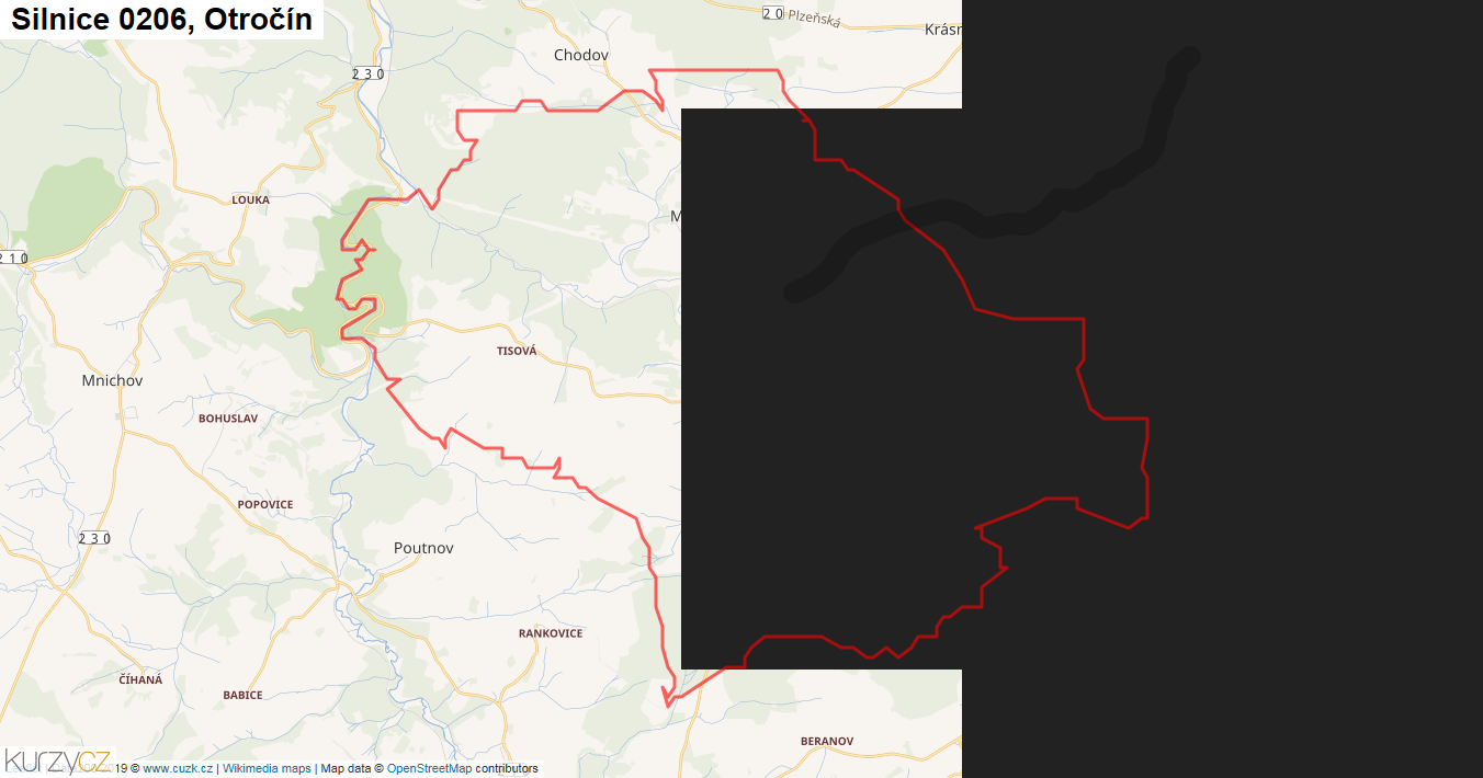 Otročín, Silnice 0206 - Mapa