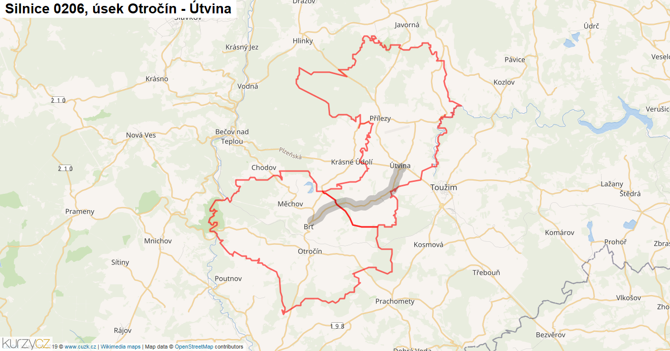 Úsek Otročín - Útvina, Silnice 0206 - Mapa