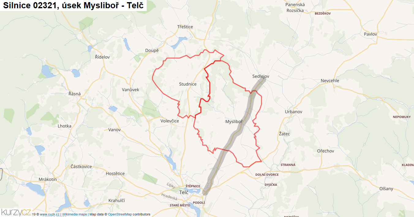 Úsek Mysliboř - Telč, Silnice 02321 - Mapa