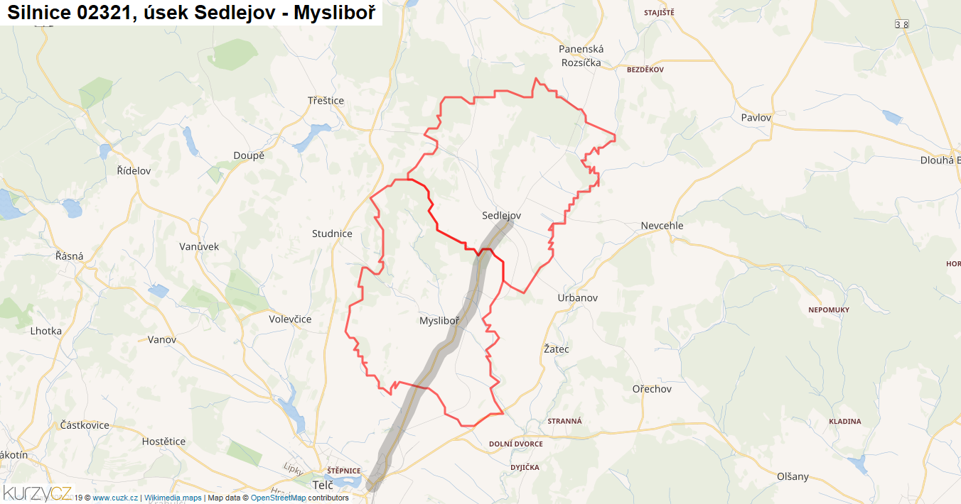 Úsek Sedlejov - Mysliboř, Silnice 02321 - Mapa