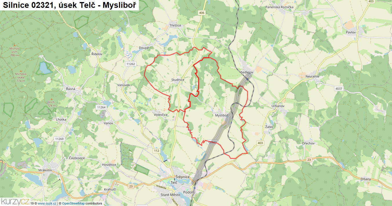 Úsek Telč - Mysliboř, Silnice 02321 - Mapa