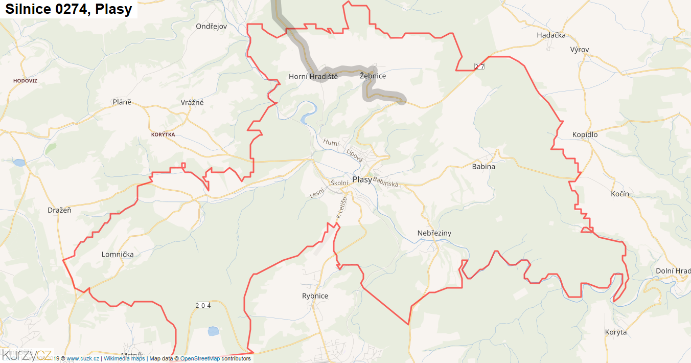 Plasy, Silnice 0274 - Mapa