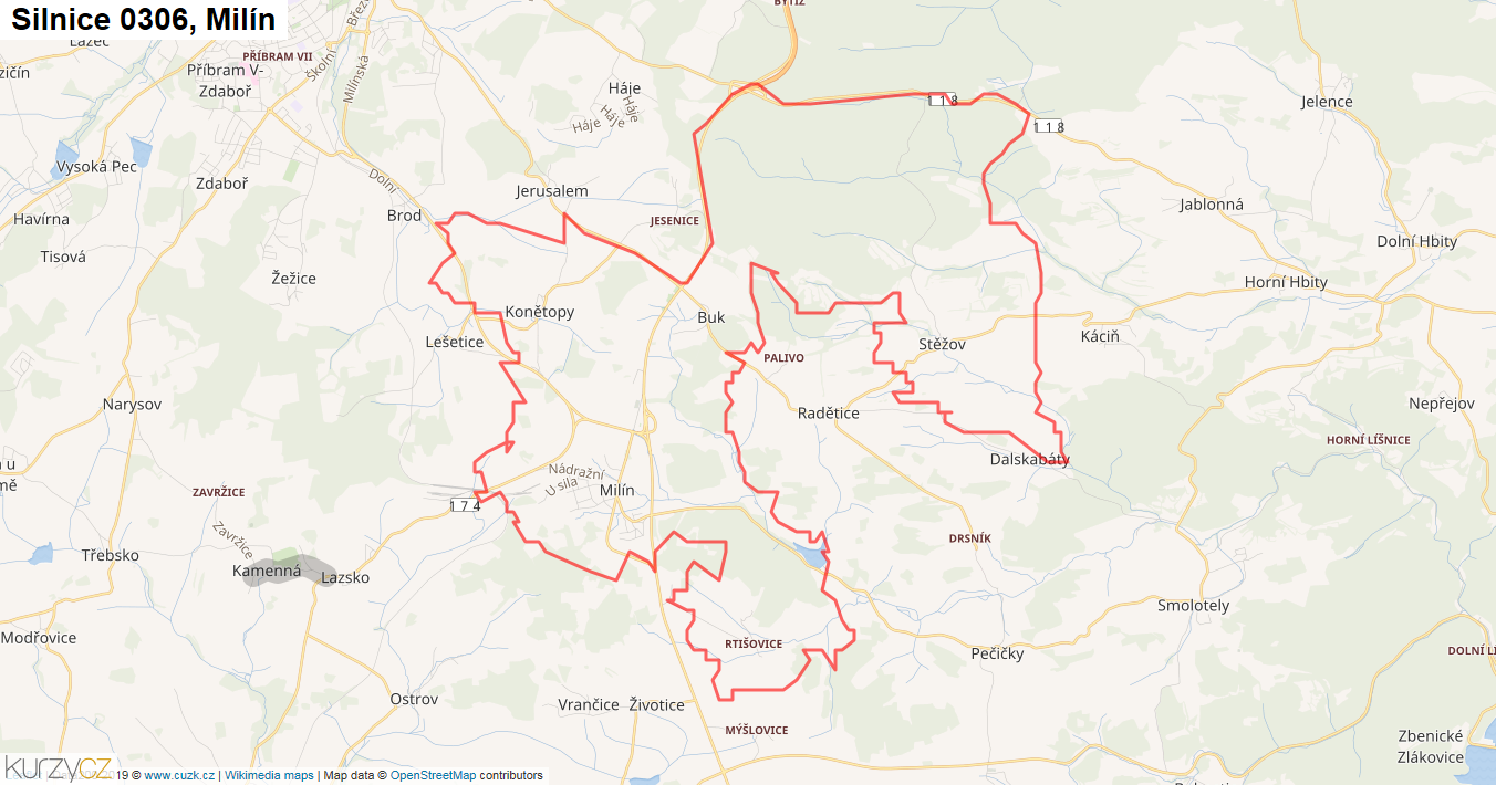 Milín, Silnice 0306 - Mapa