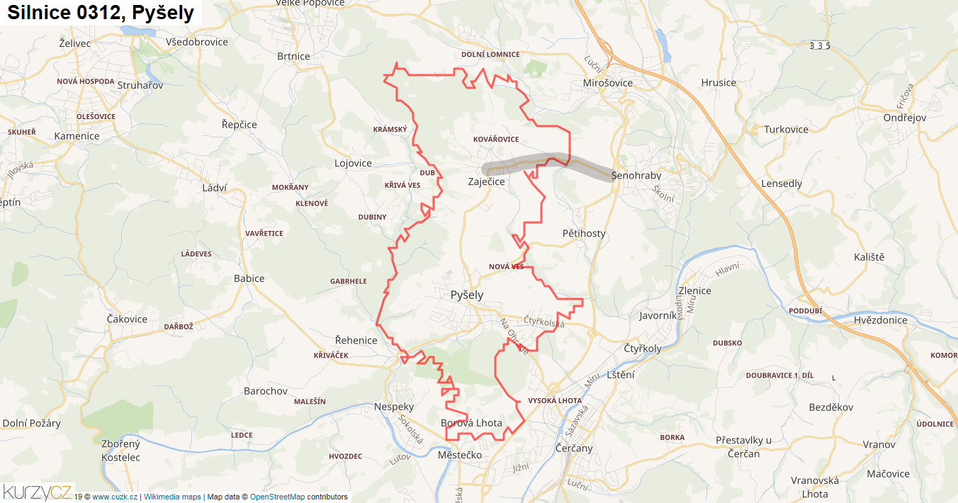 Pyšely, Silnice 0312 - Mapa