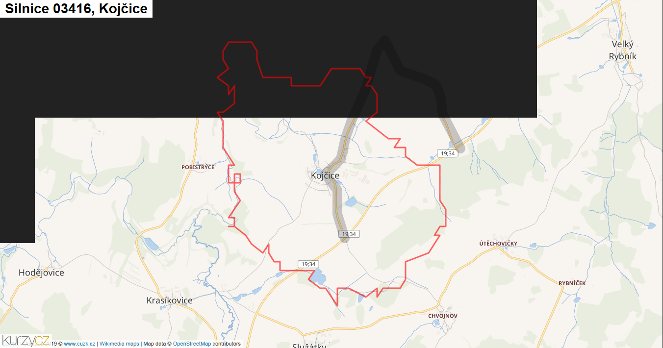 Kojčice, Silnice 03416 - Mapa