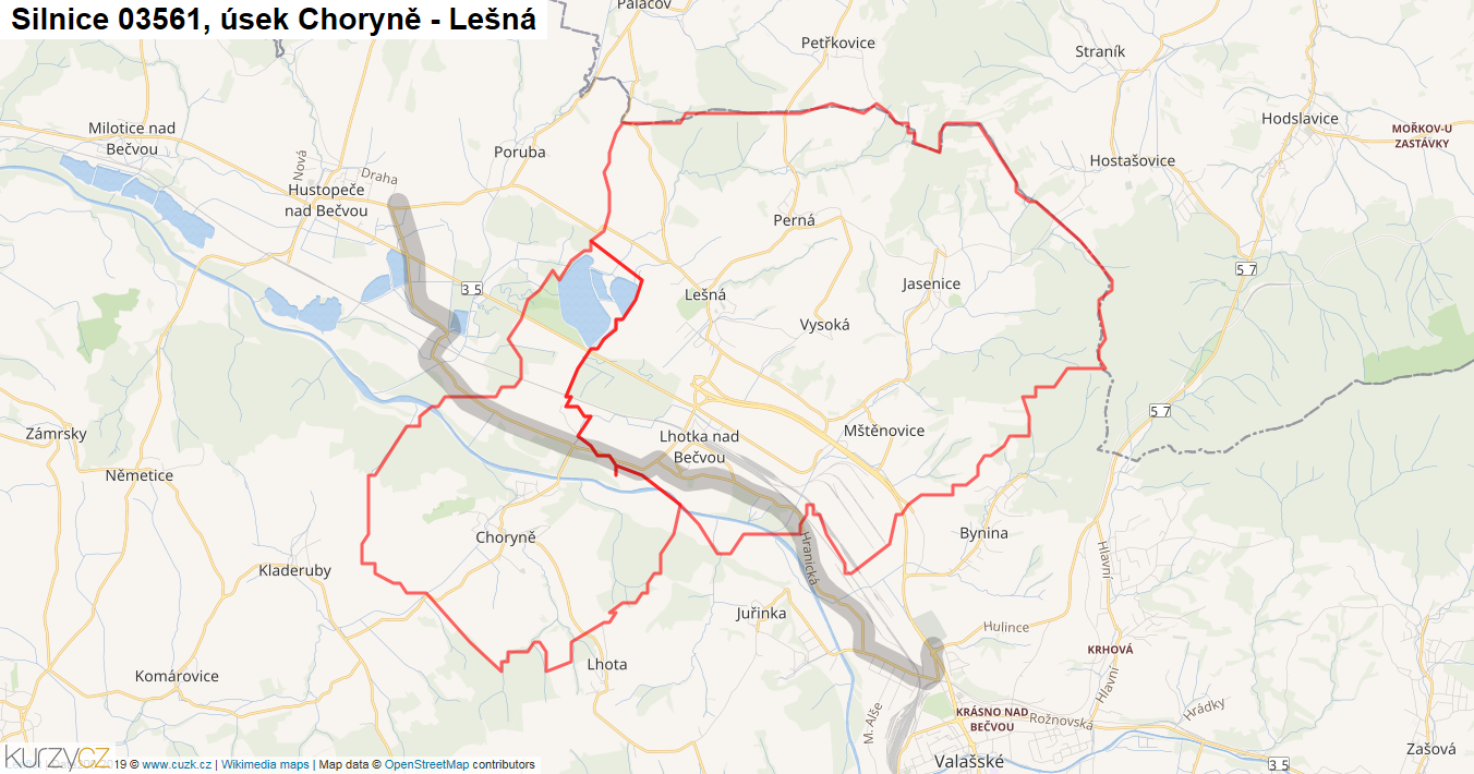Úsek Choryně - Lešná, Silnice 03561 - Mapa
