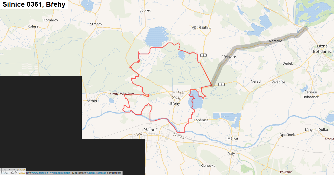 Břehy, Silnice 0361 - Mapa