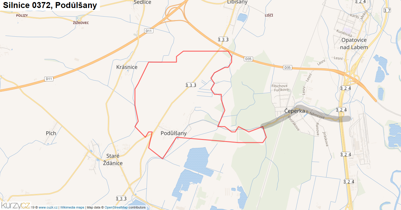 Podůlšany, Silnice 0372 - Mapa
