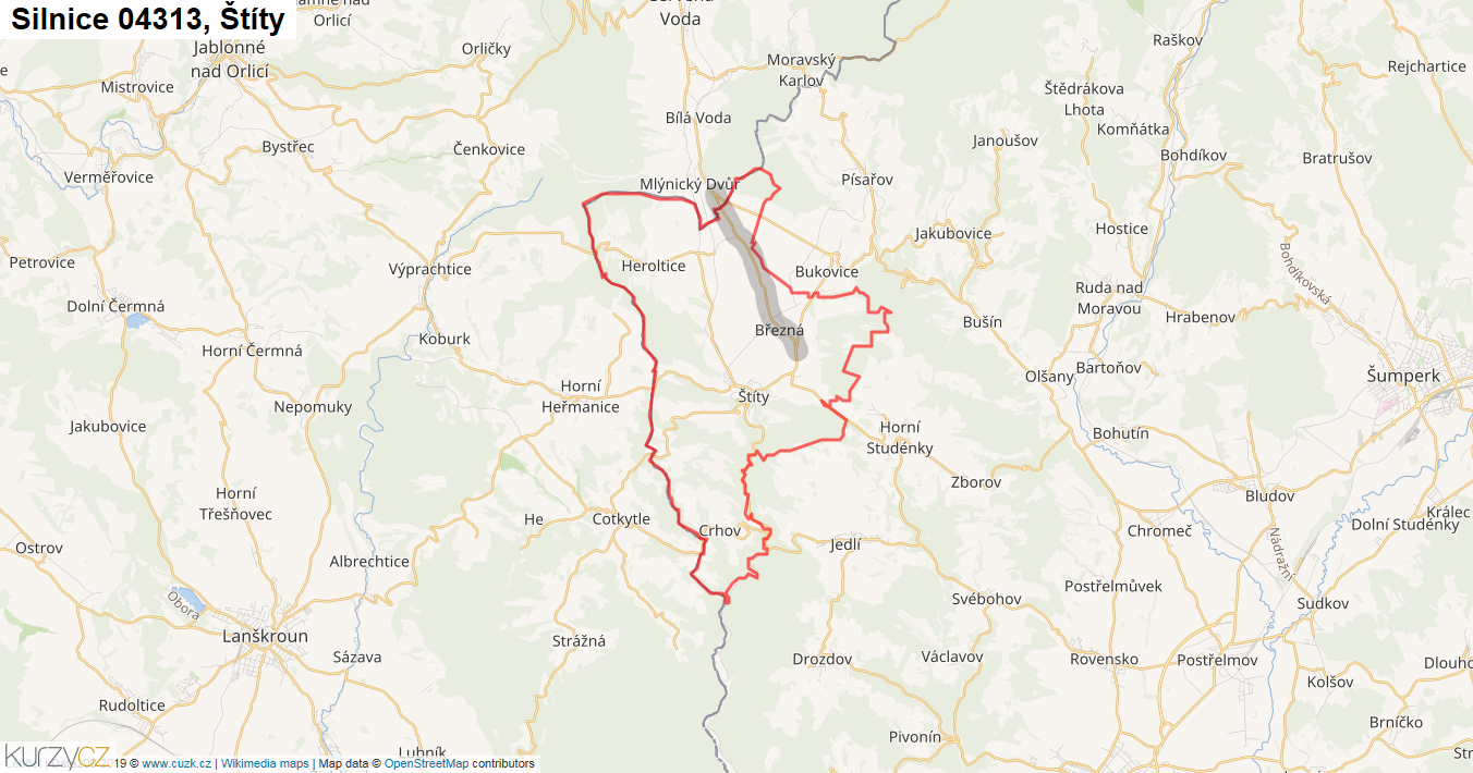 Štíty, Silnice 04313 - Mapa