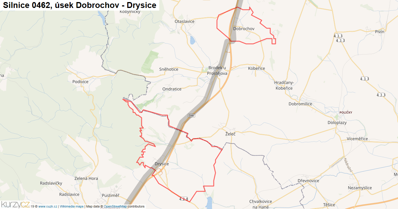Úsek Dobrochov - Drysice, Silnice 0462 - Mapa