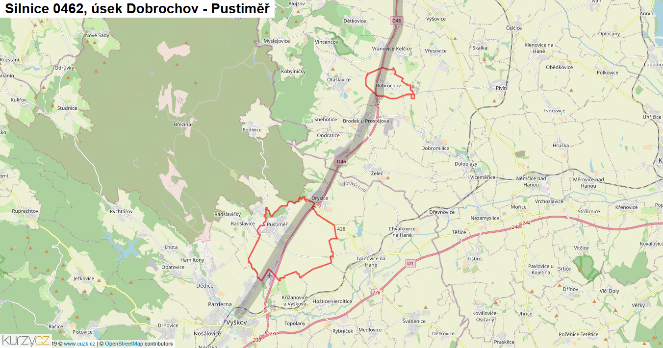 Úsek Dobrochov - Pustiměř, Silnice 0462 - Mapa