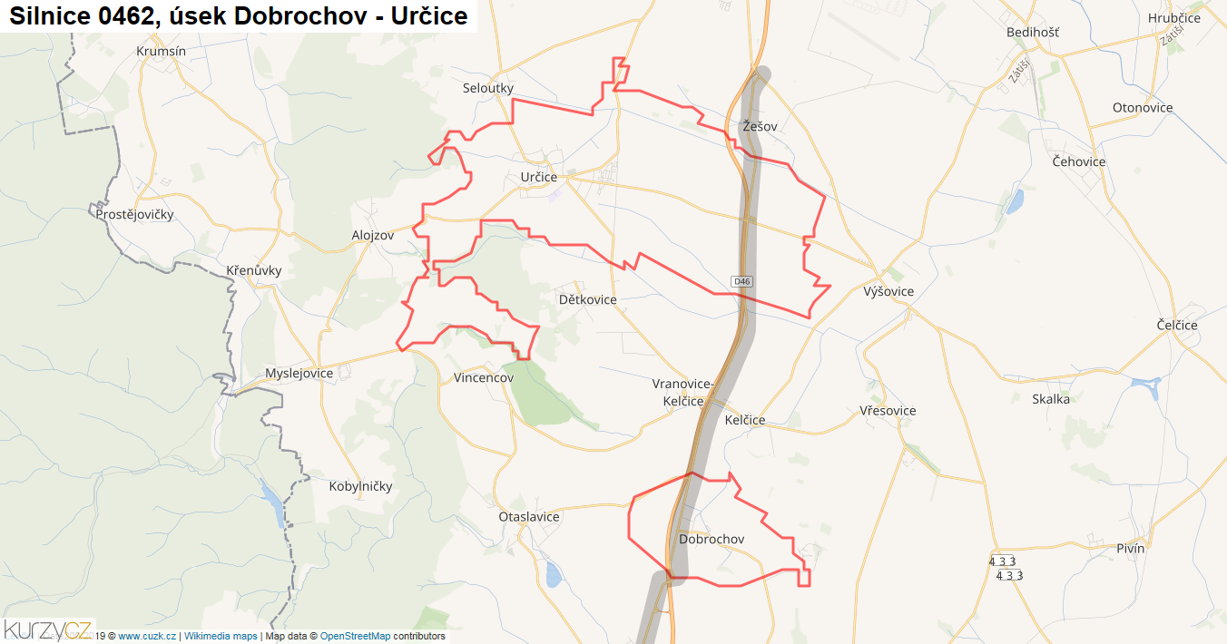 Úsek Dobrochov - Určice, Silnice 0462 - Mapa