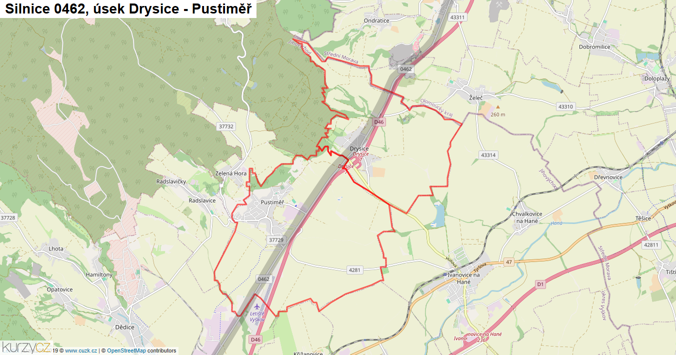 Úsek Drysice - Pustiměř, Silnice 0462 - Mapa
