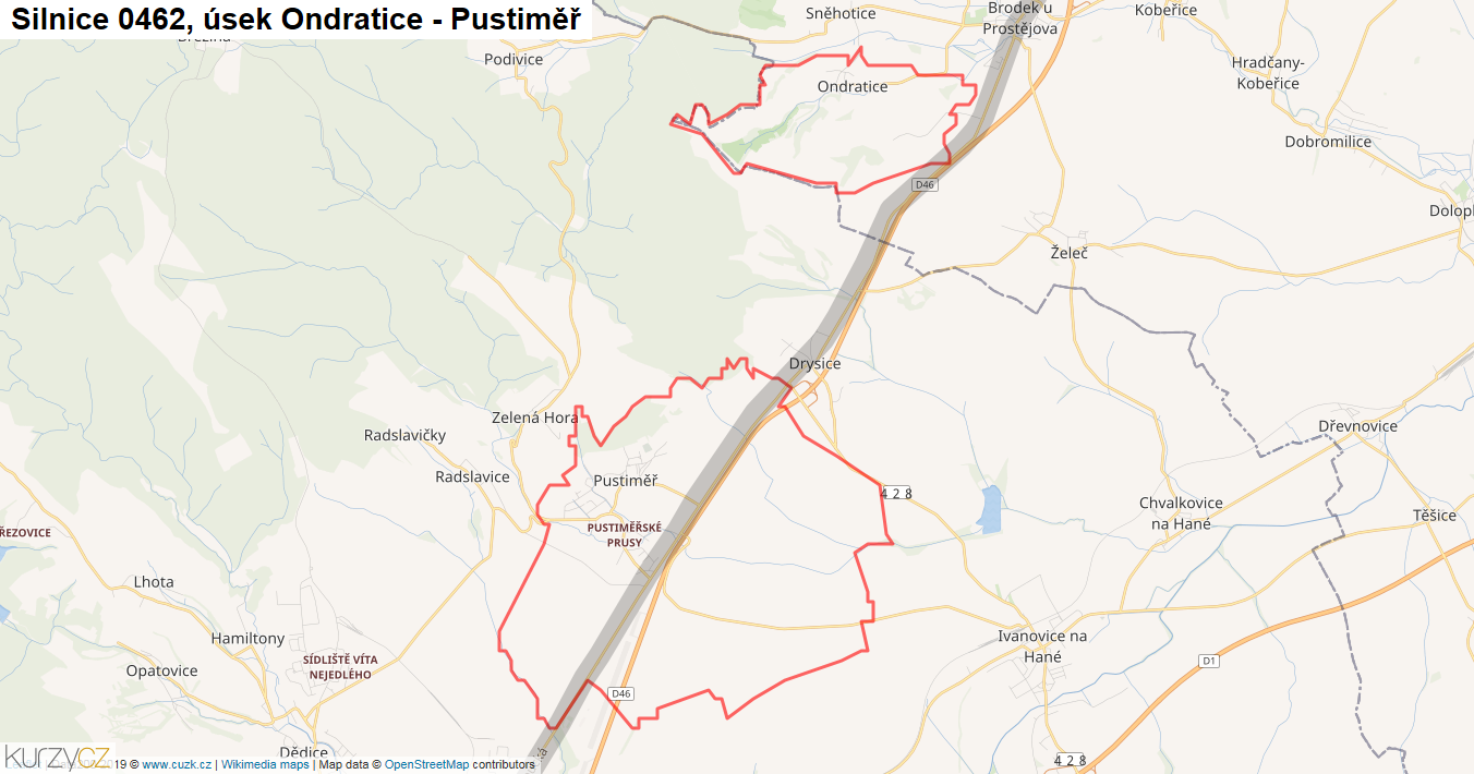 Úsek Ondratice - Pustiměř, Silnice 0462 - Mapa