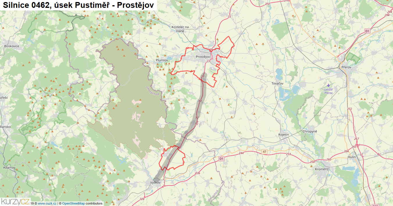 Úsek Pustiměř - Prostějov, Silnice 0462 - Mapa