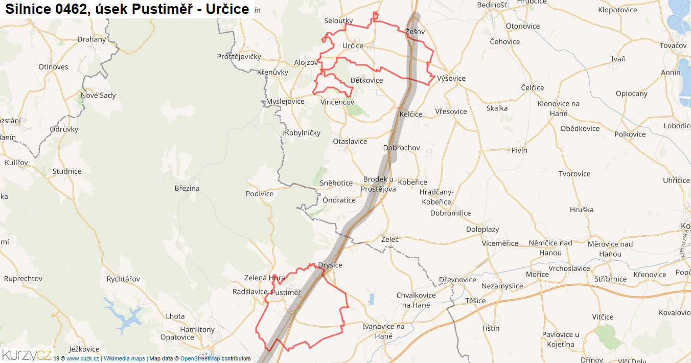 Úsek Pustiměř - Určice, Silnice 0462 - Mapa