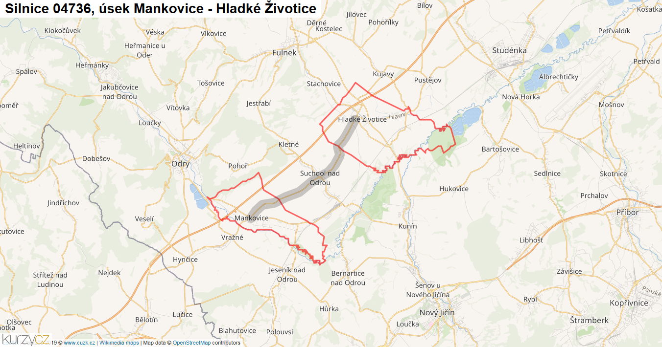 Úsek Mankovice - Hladké Životice, Silnice 04736 - Mapa