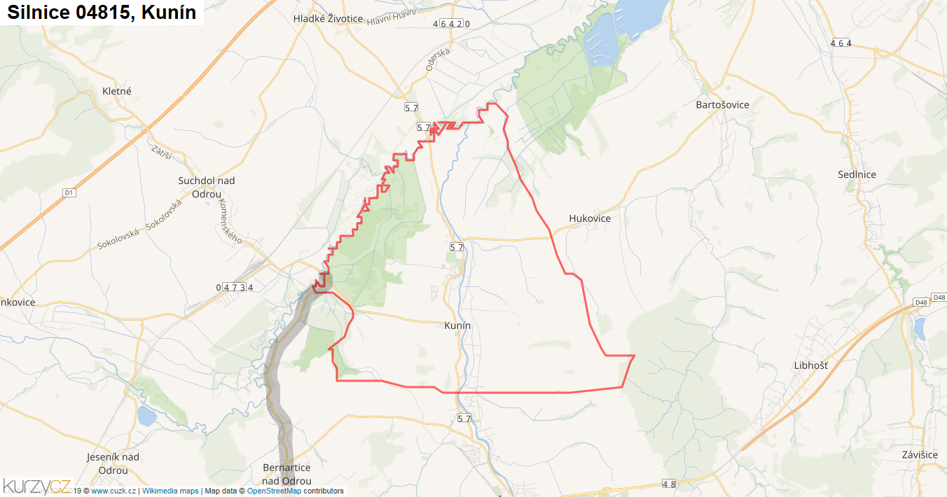 Kunín, Silnice 04815 - Mapa