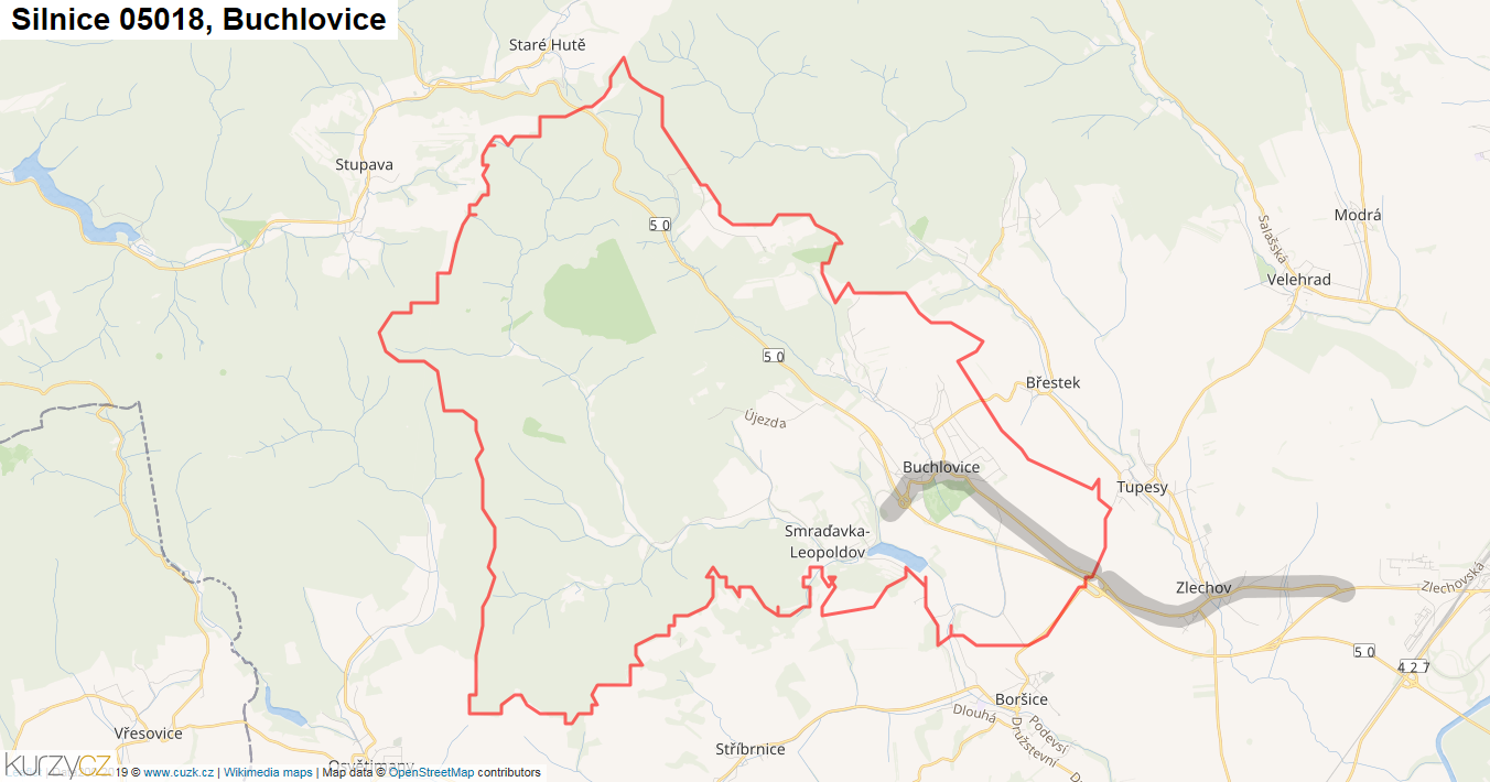 Buchlovice, Silnice 05018 - Mapa
