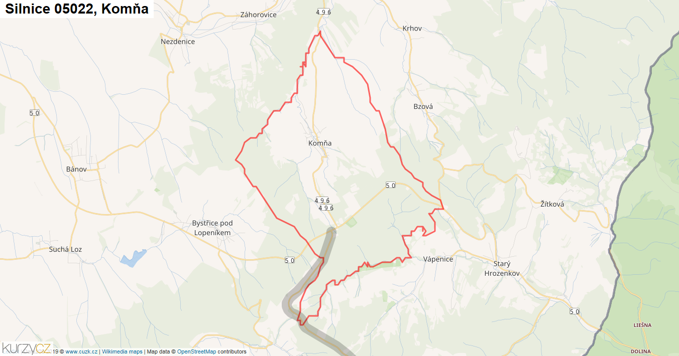 Komňa, Silnice 05022 - Mapa