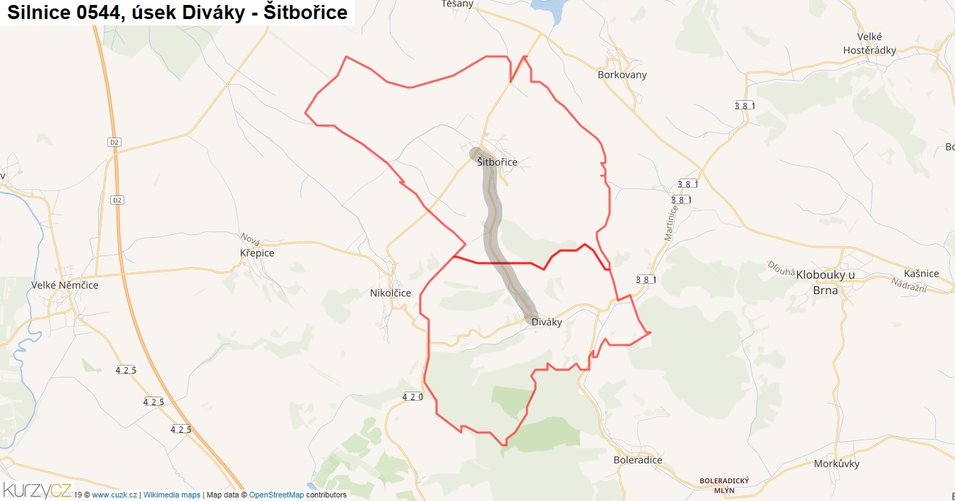 Úsek Diváky - Šitbořice, Silnice 0544 - Mapa