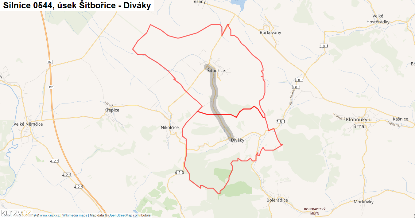 Úsek Šitbořice - Diváky, Silnice 0544 - Mapa