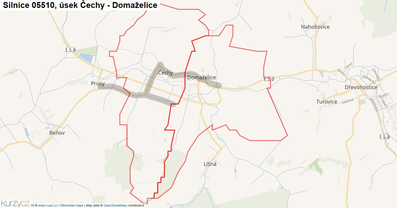 Úsek Čechy - Domaželice, Silnice 05510 - Mapa