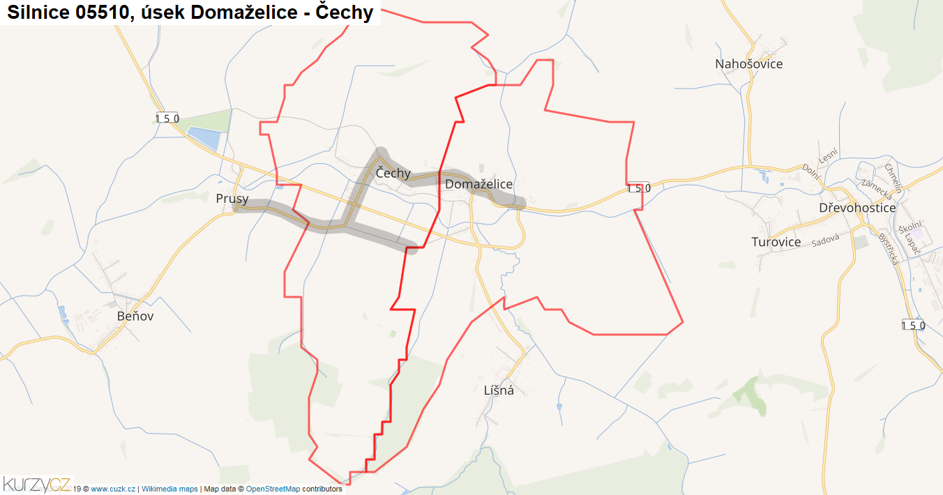 Úsek Domaželice - Čechy, Silnice 05510 - Mapa