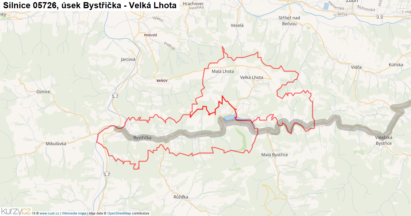 Úsek Bystřička - Velká Lhota, Silnice 05726 - Mapa