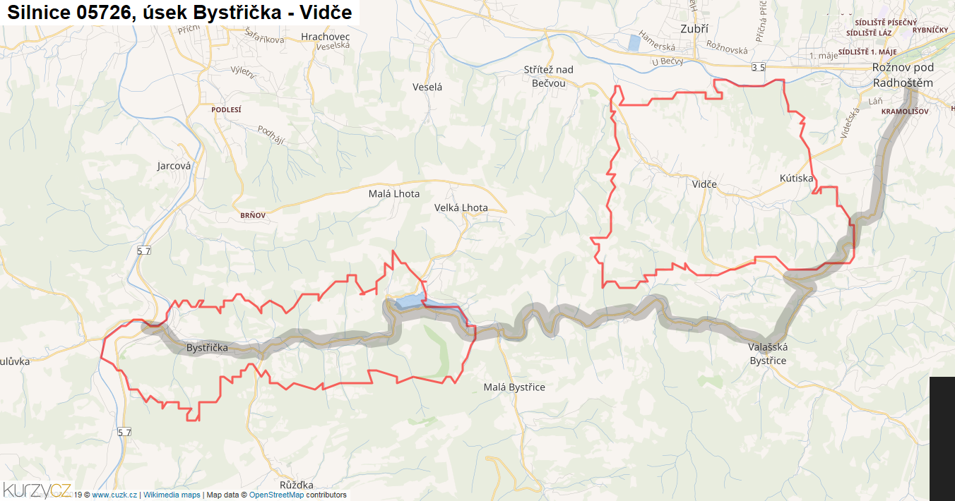 Úsek Bystřička - Vidče, Silnice 05726 - Mapa
