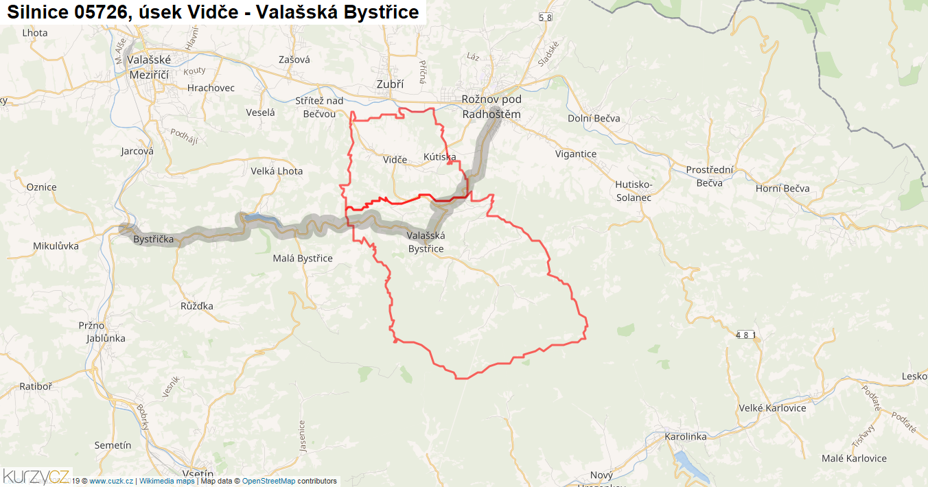 Úsek Vidče - Valašská Bystřice, Silnice 05726 - Mapa